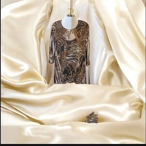 Elegant Baroque Print Tunic Top Size XL Soft Earthtine Colors W Beads